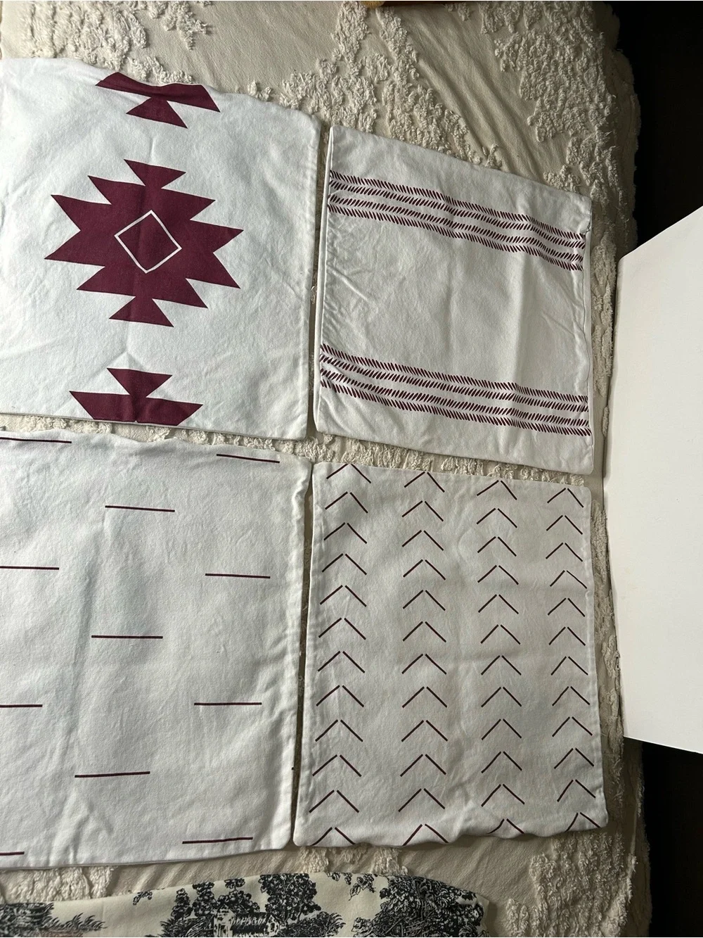 Dezene Decorative Accent Pillow Covers - White and Burgundy Geometric Set